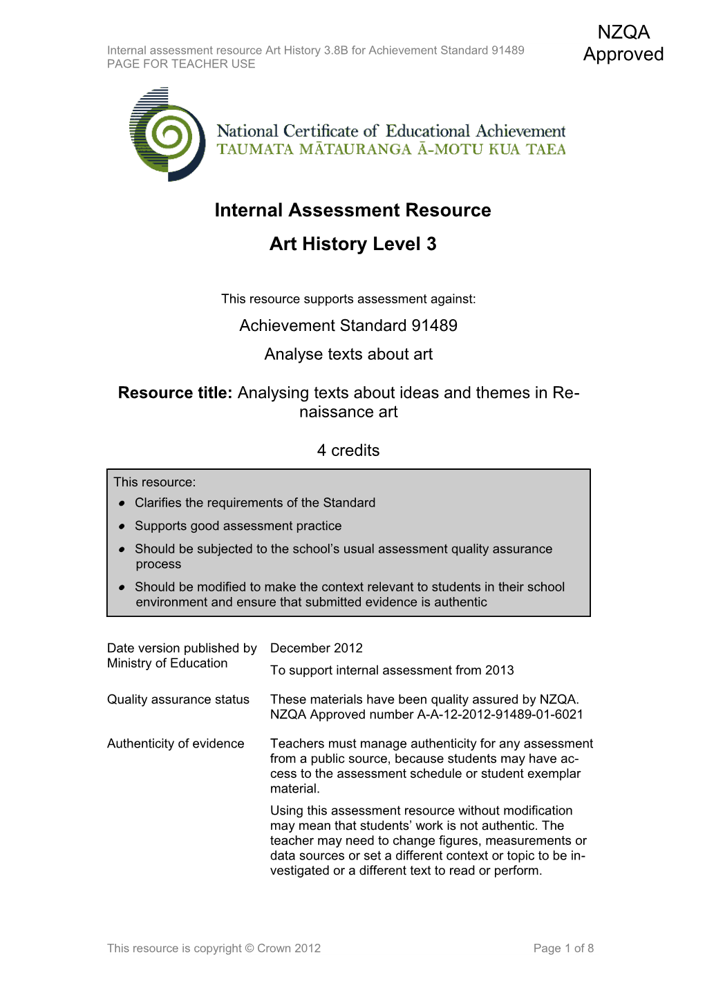 Level 3 Art History Internal Assessment Resource