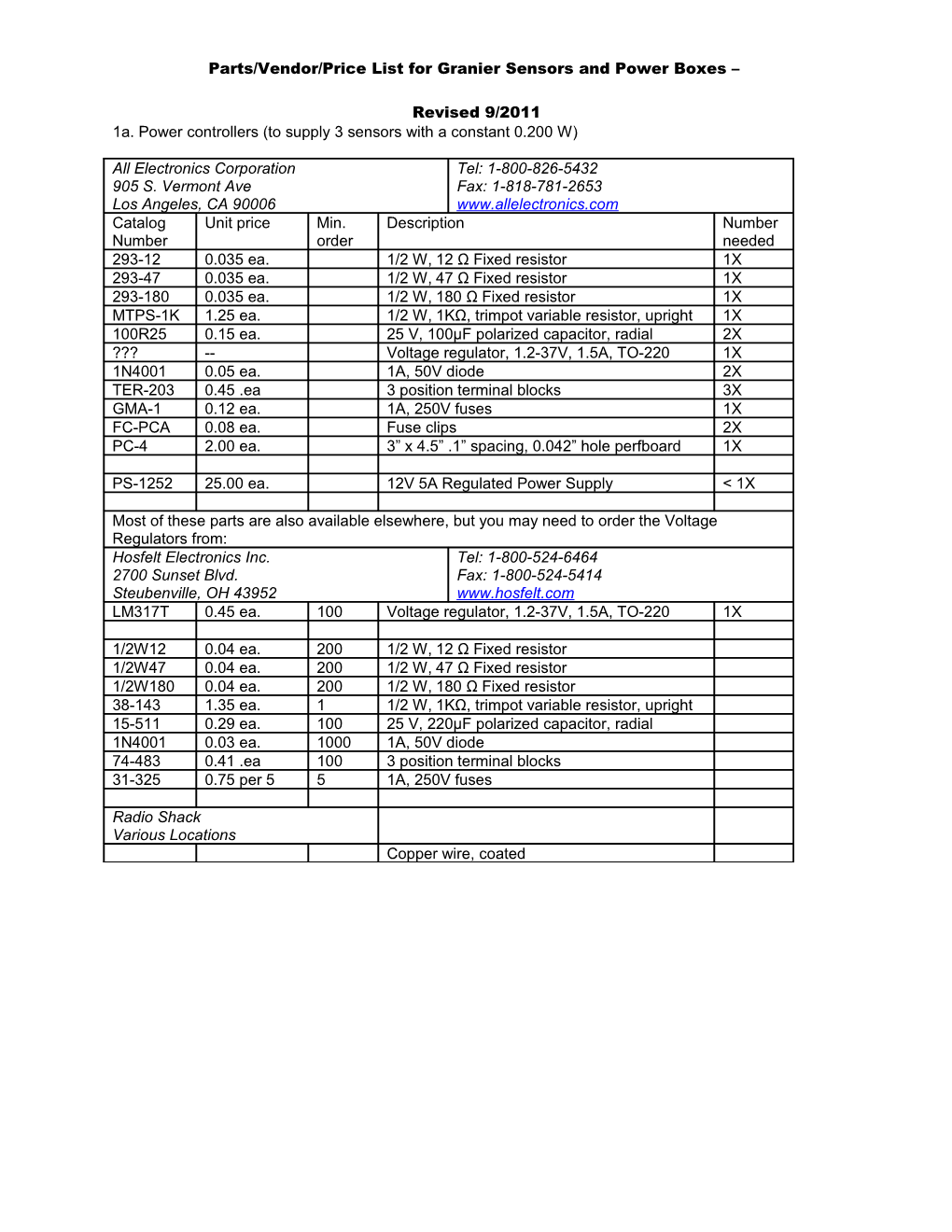 Parts/Vendor/Price List for Granier Sensors and Power Boxes