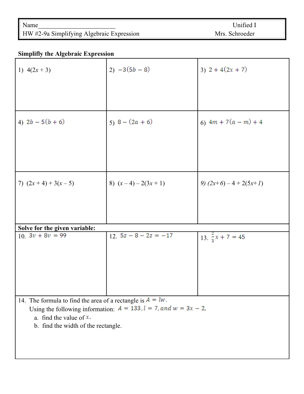 HW #2-9A Simplifying Algebraic Expression Mrs. Schroeder