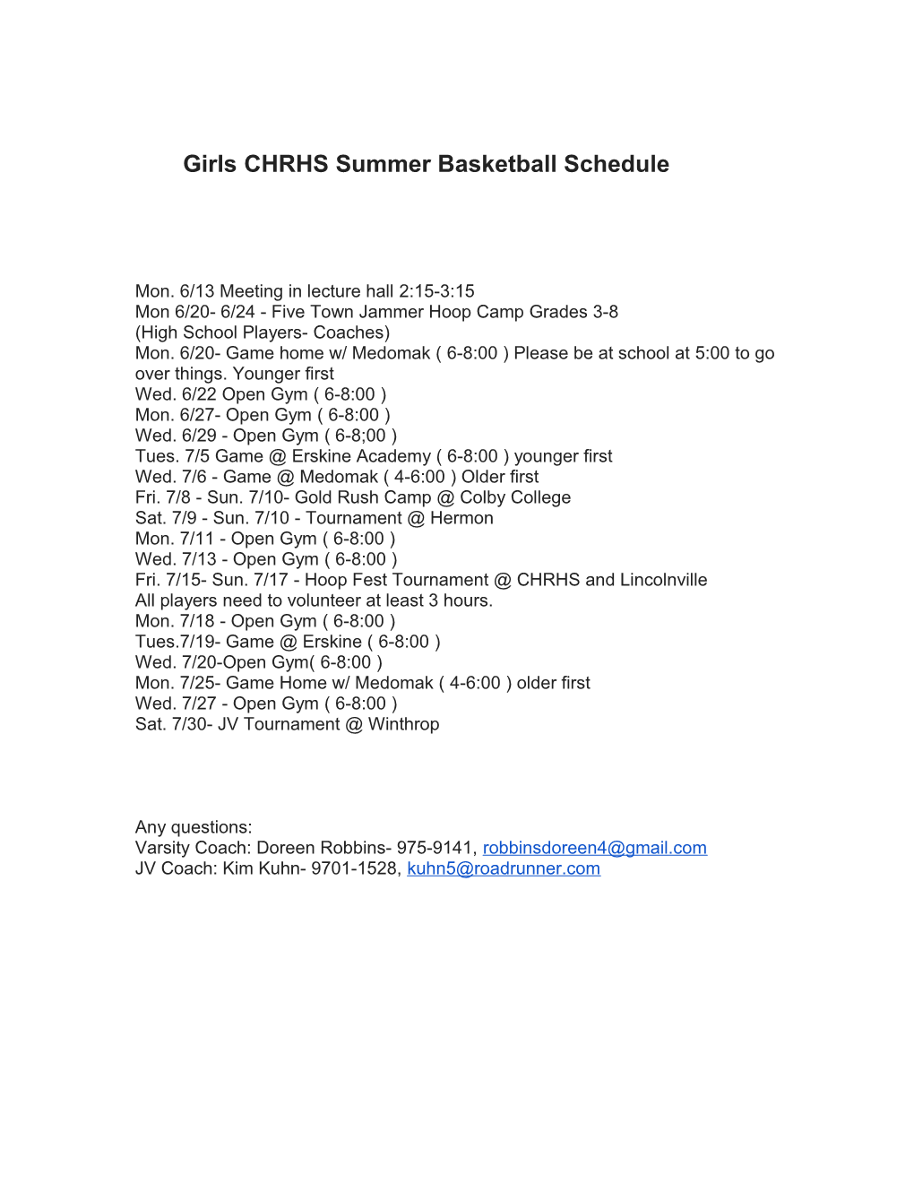Girls CHRHS Summer Basketball Schedule