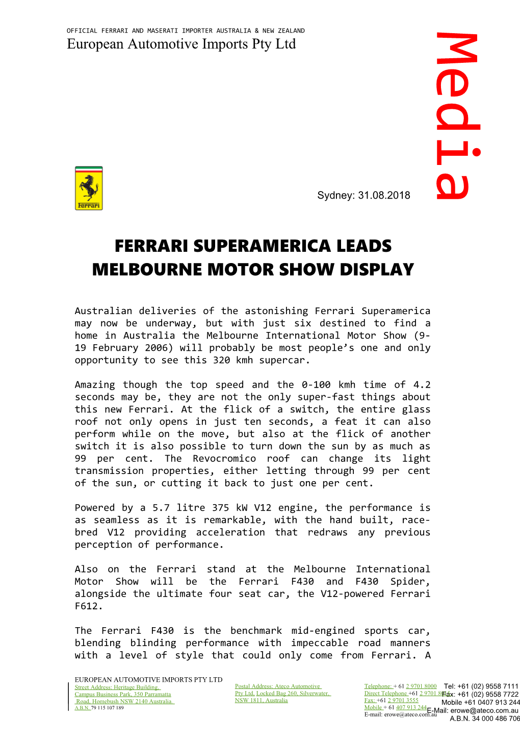 Ferrari Superamericaleads Melbourne Motor Show Display