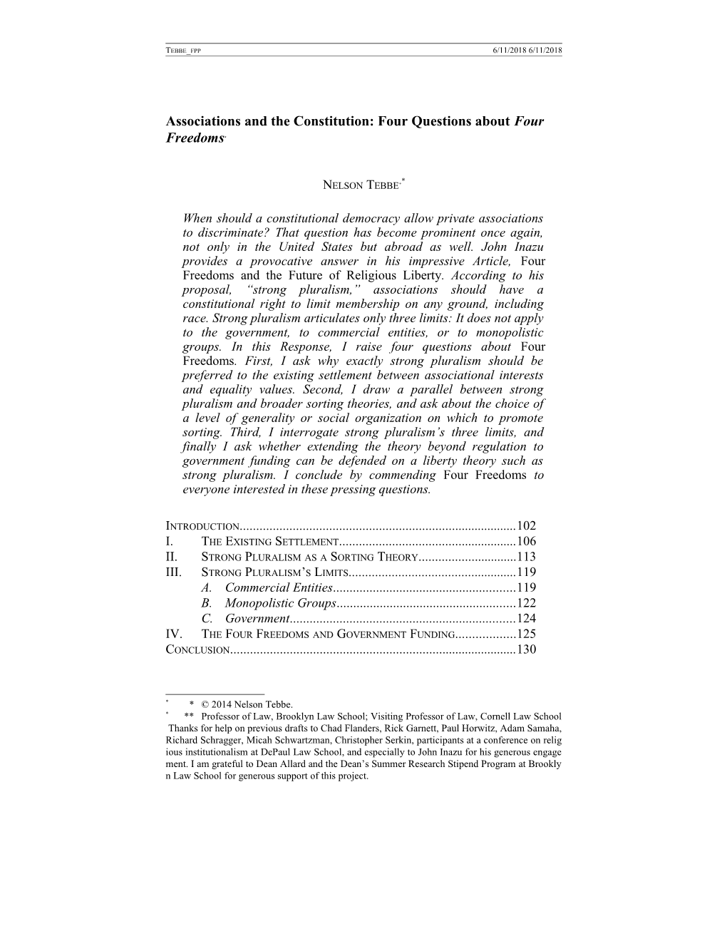 Associations and the Constitution: Four Questions About Four Freedoms *