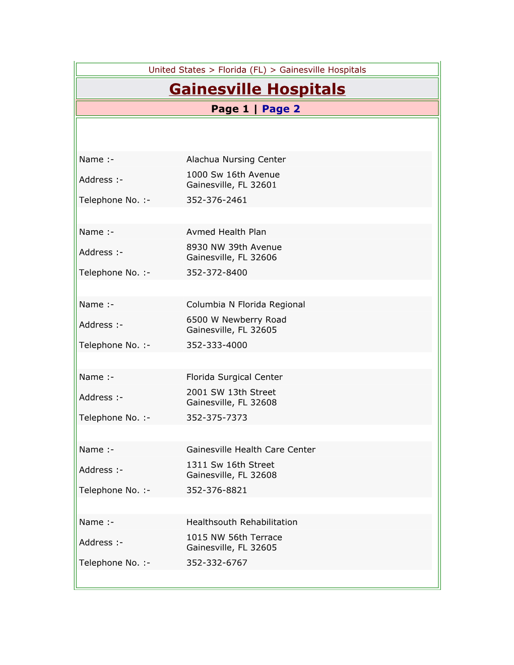 United States Florida (FL) Gainesville Hospitals