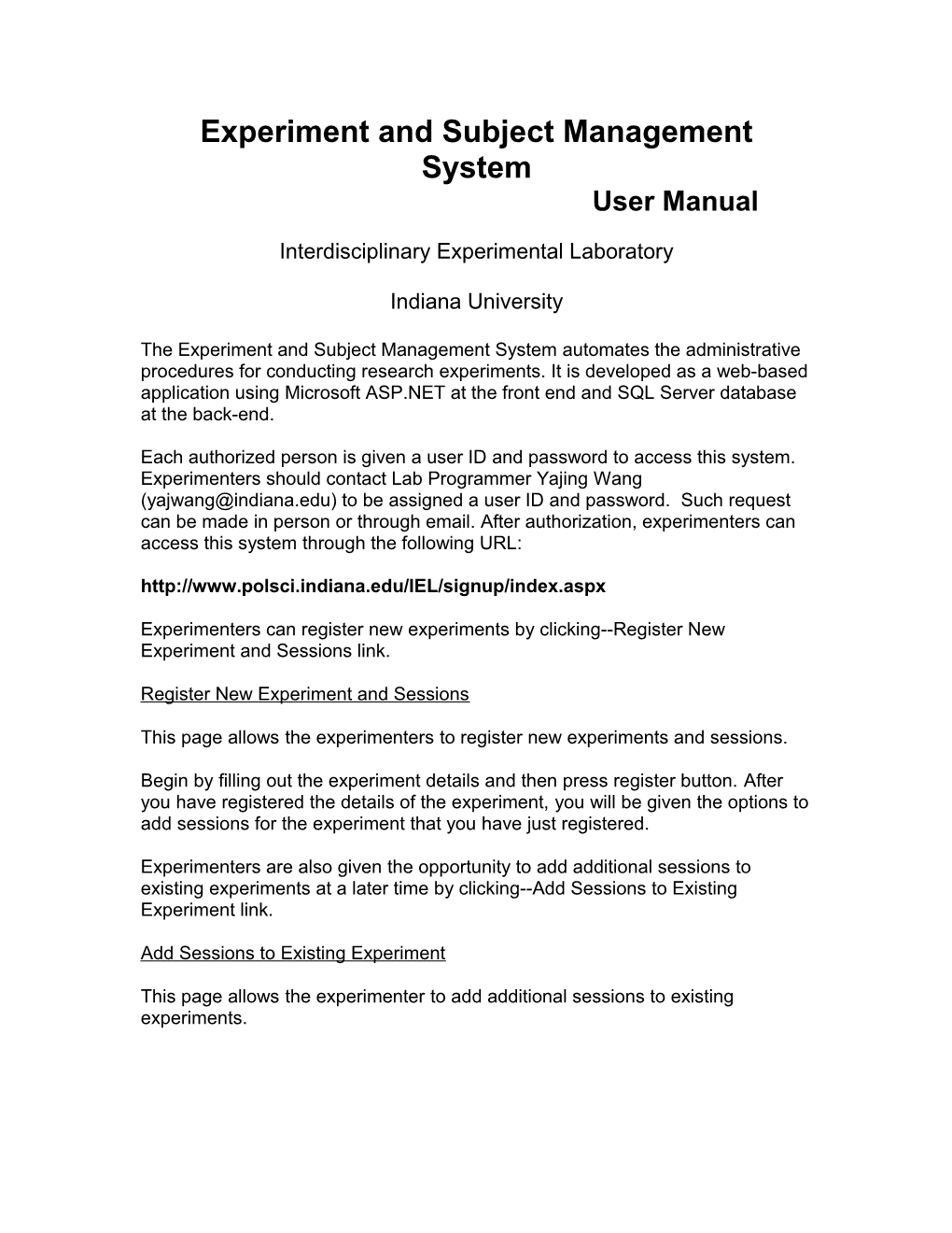 Experiment and Subject Management System