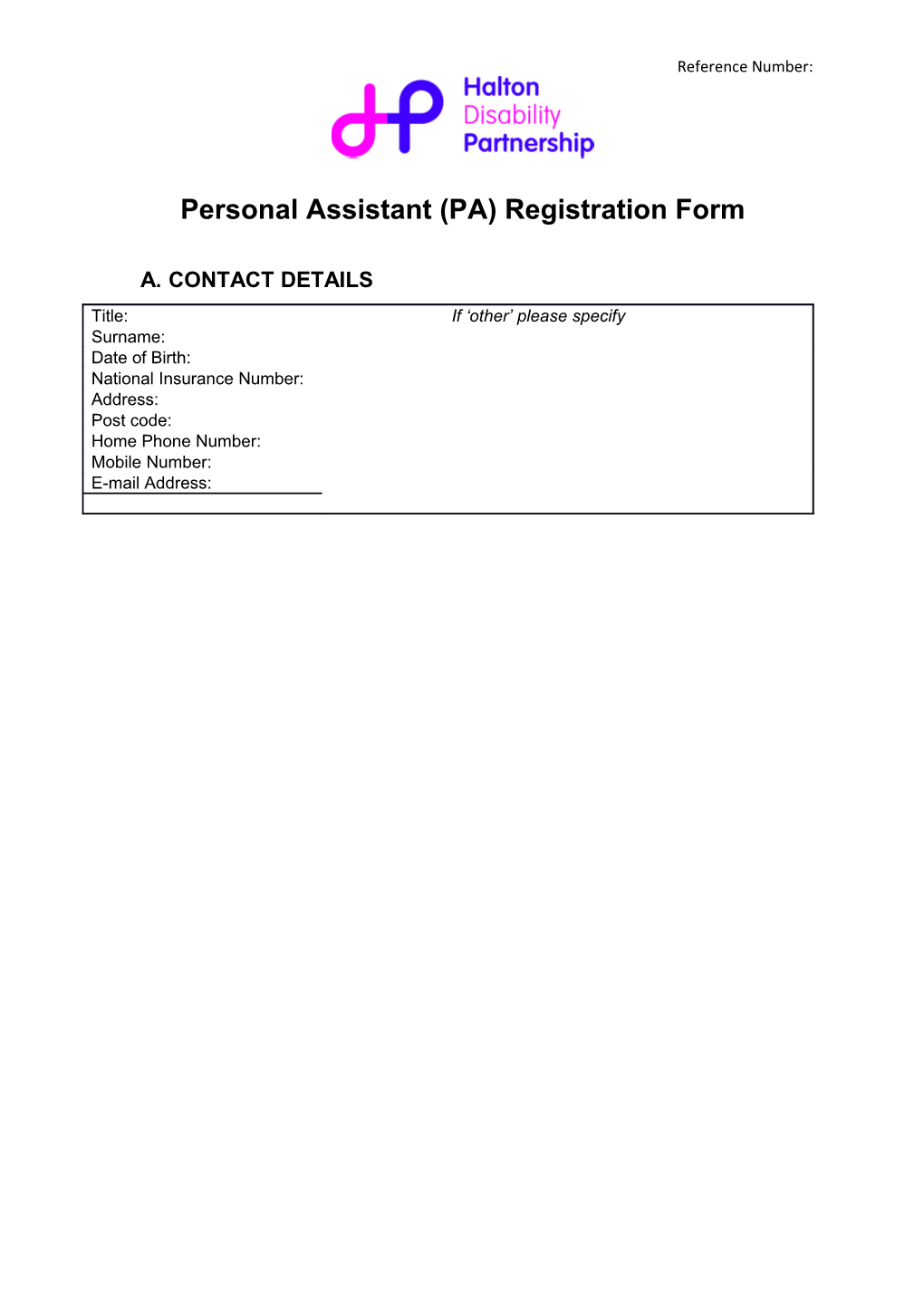 Personal Assistant (PA) Registration Form