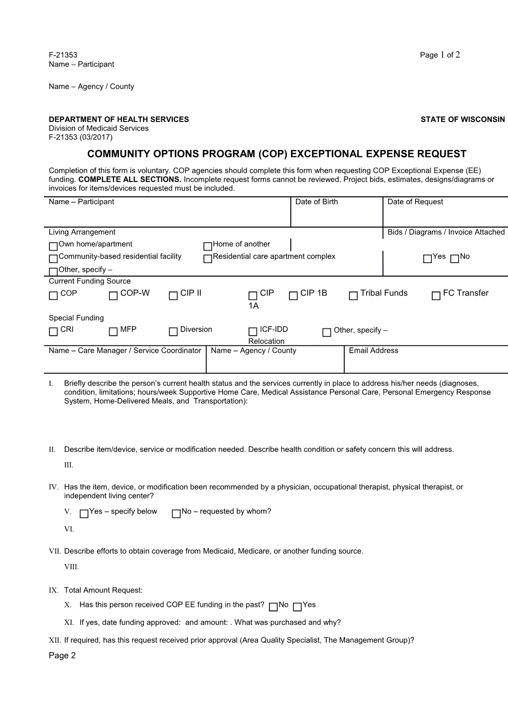 Community Options Program (COP) Exceptional Expense Request