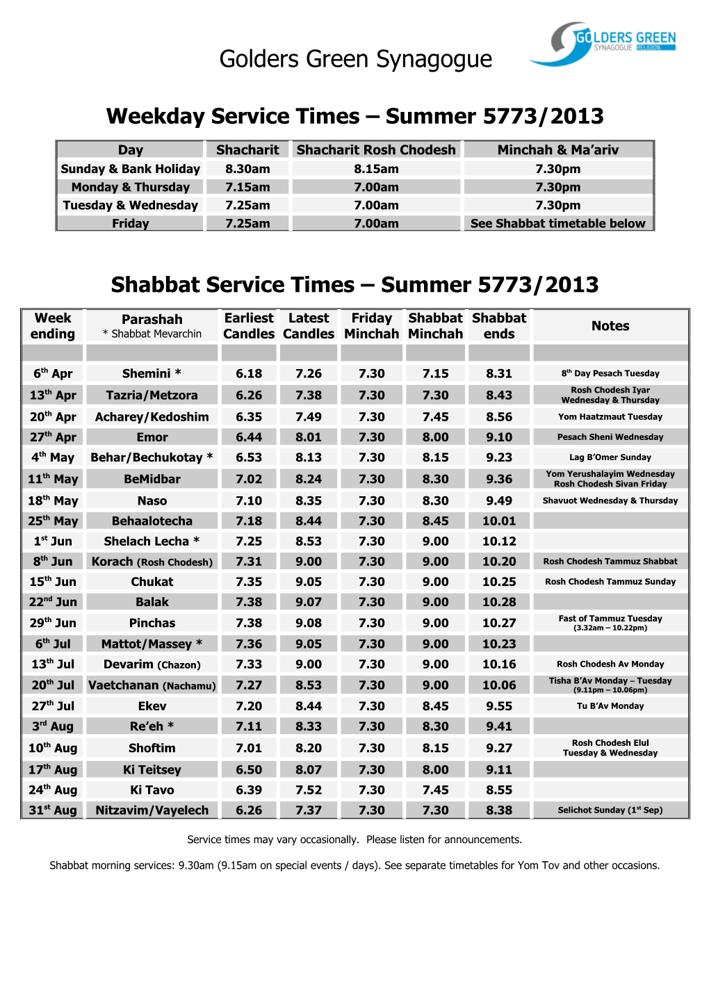Weekday Service Times