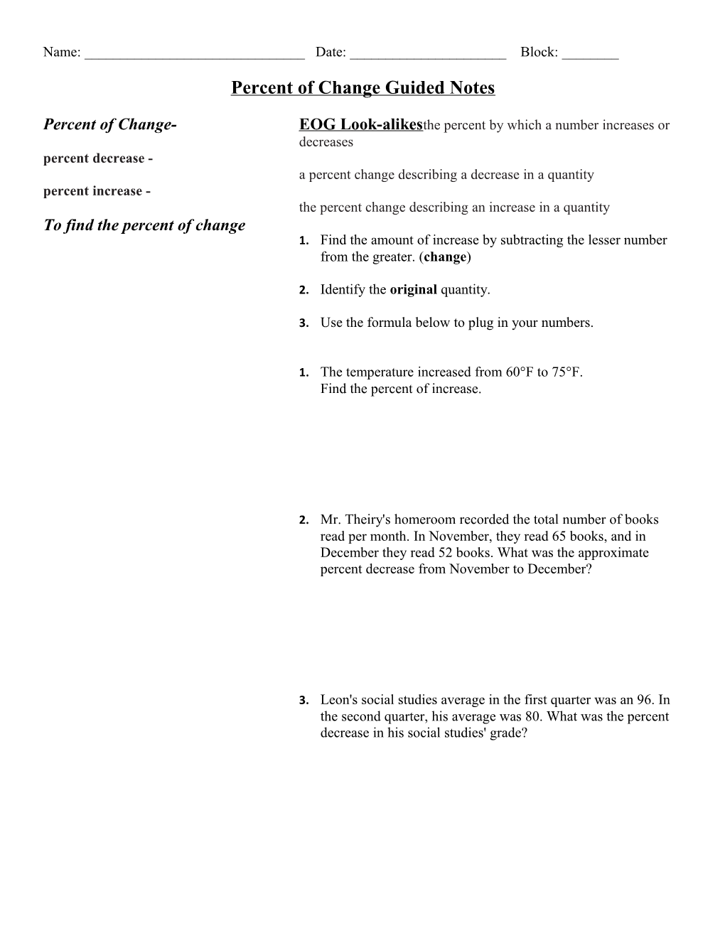 Percent of Change Guided Notes