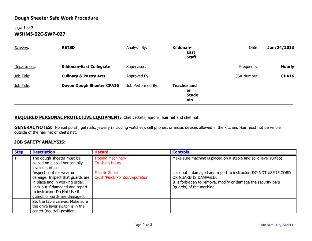 SWP-027 Sheeter - Dough Safe Work Procedure