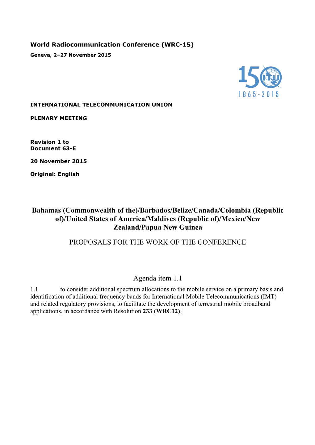 Table of Support of Member States for the Proposals for WRC-15 Presented in This Document