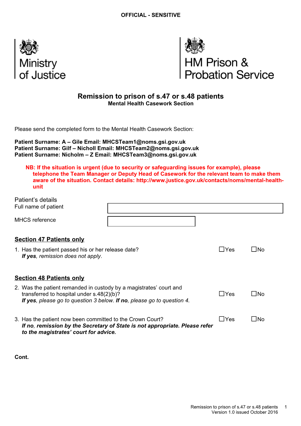 Remission to Prison of S47 Or S48 Patients