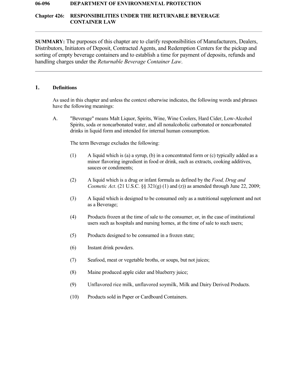 06-096 CMR Ch. 426: Responsibilities Under the Returnable Beverage Container Law Page 1
