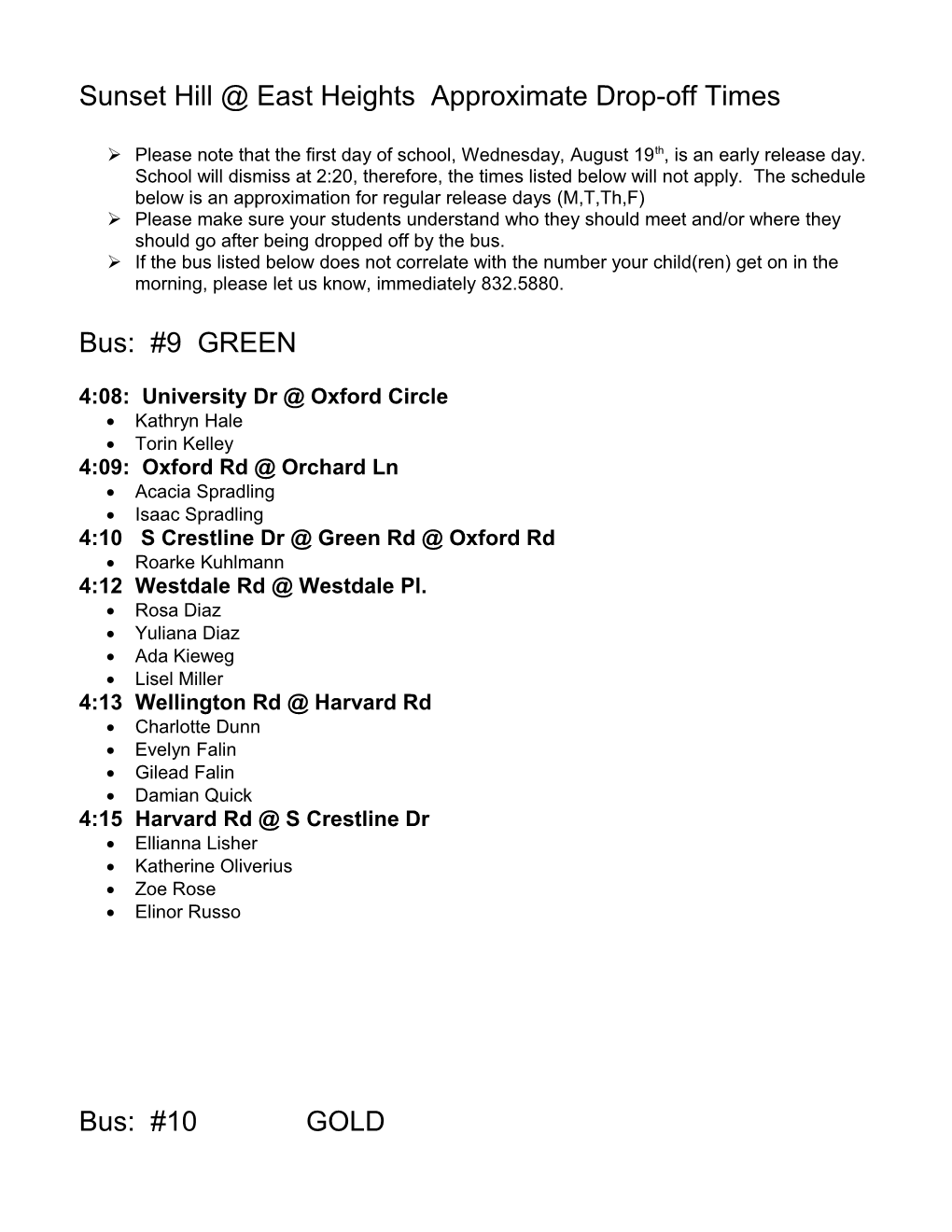 Sunset Hill East Heights Approximate Drop-Off Times