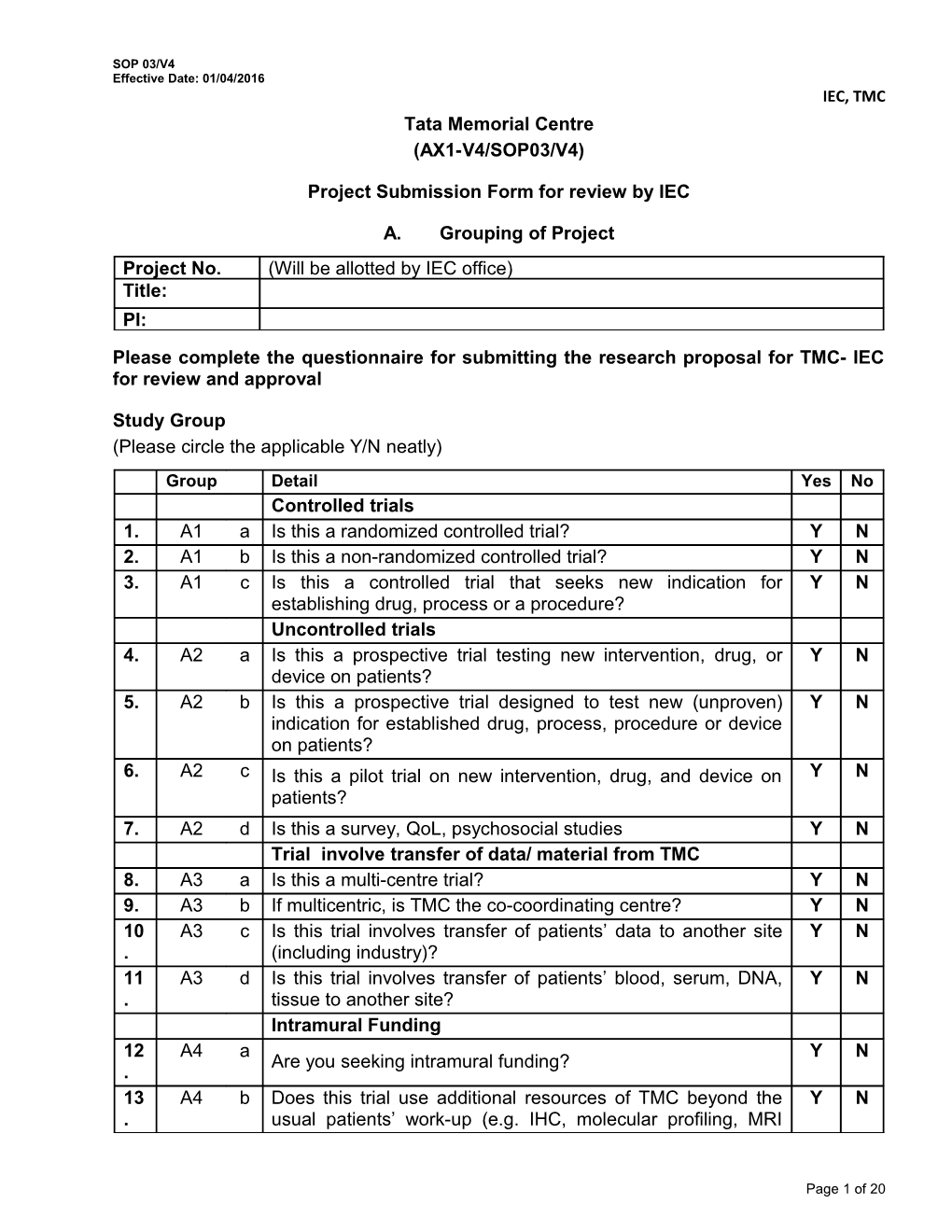 Project Submission Form for Review by IEC