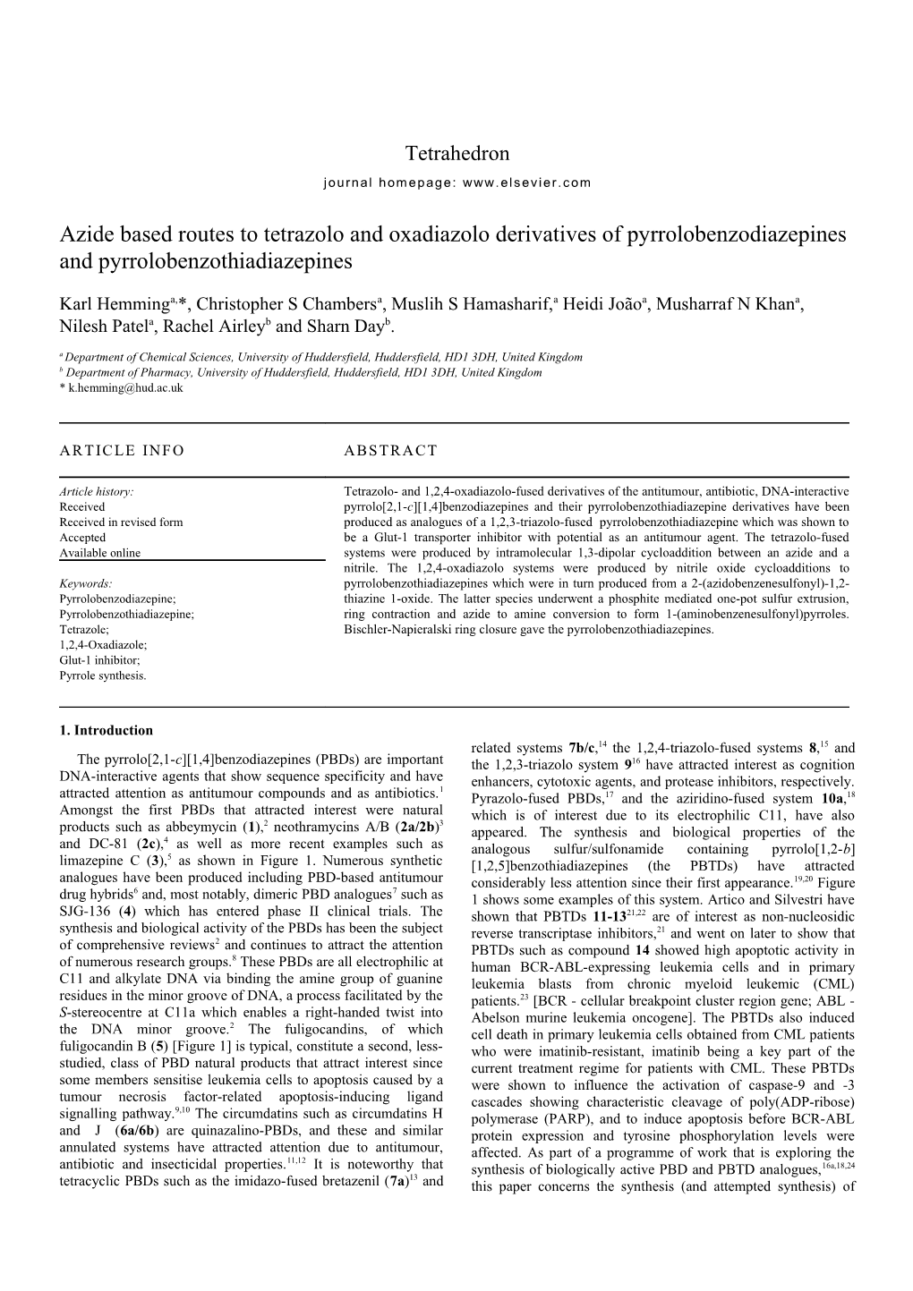 Azide Based Routes to Tetrazolo and Oxadiazolo Derivatives of Pyrrolobenzodiazepines And