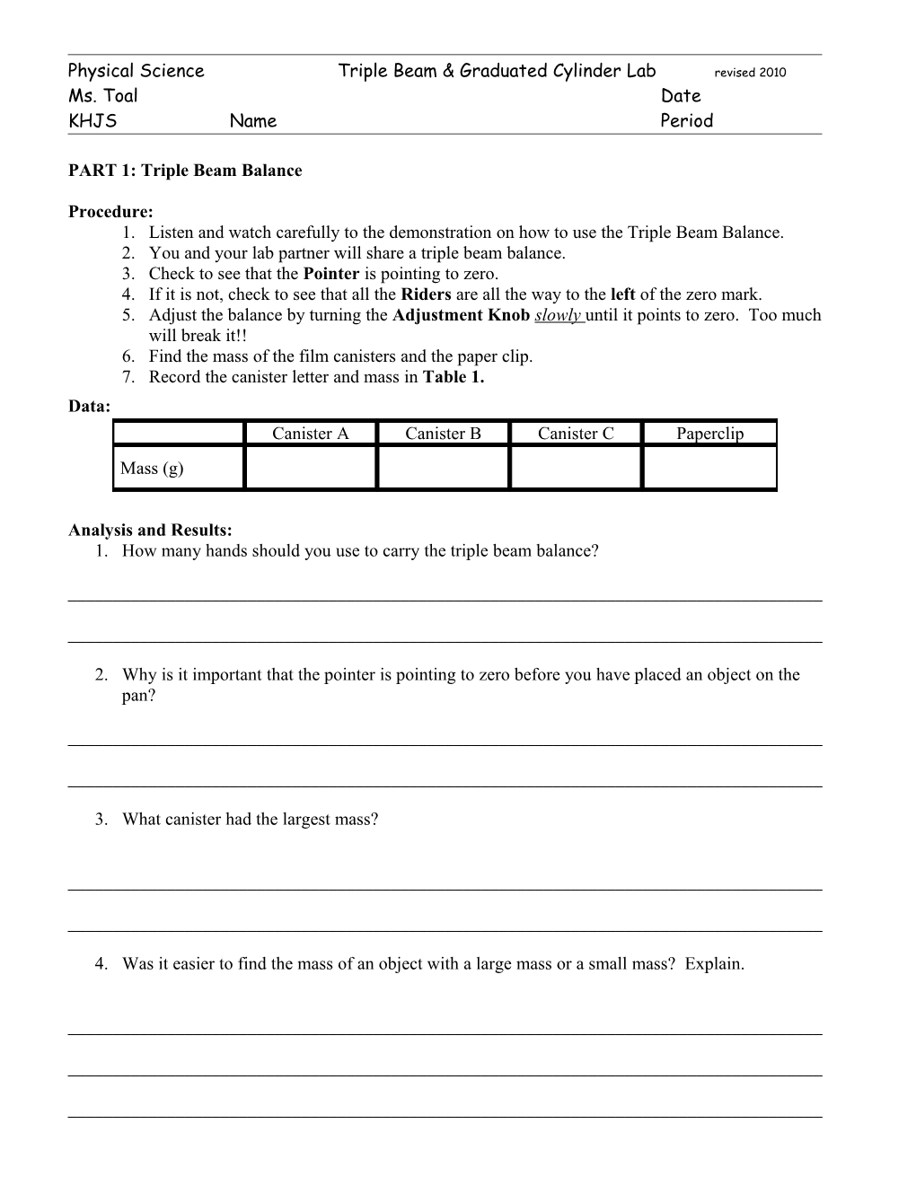 Triple Beam and Graduated Cylinder Lab