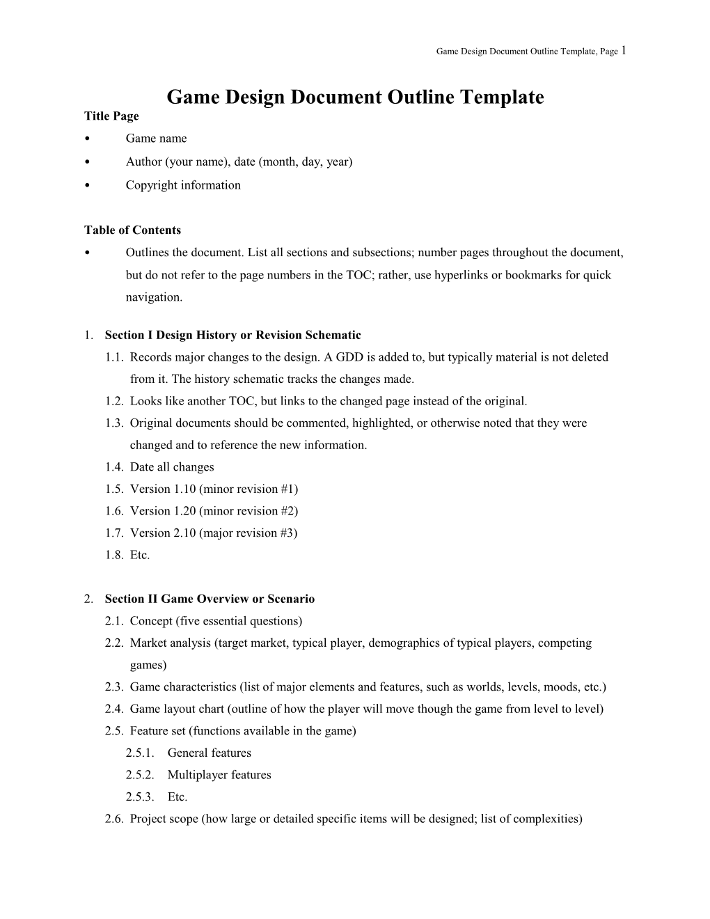 Game Design Document Outline Template, Page 1