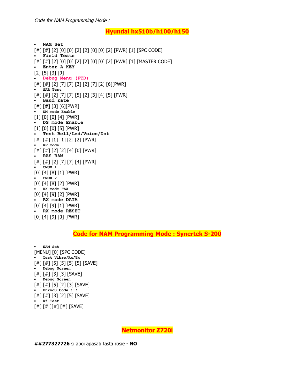 Code for NAM Programming Mode