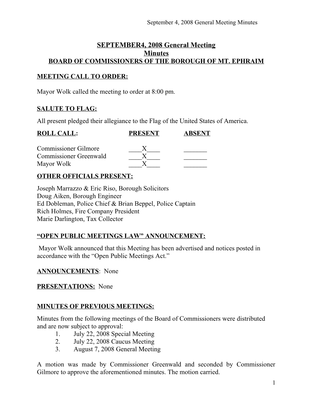 Agenda for the June 5, 2008 General Meeting of the Honorable Board of Commissioners Of s1