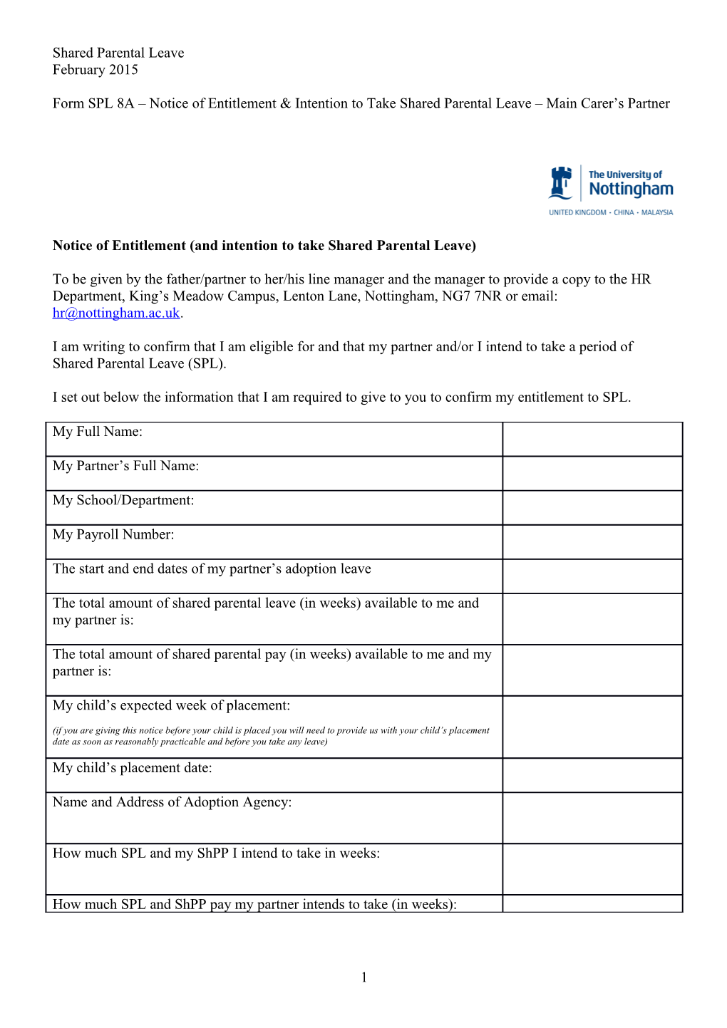 Notice of Entitlement (And Intention to Take Shared Parental Leave)