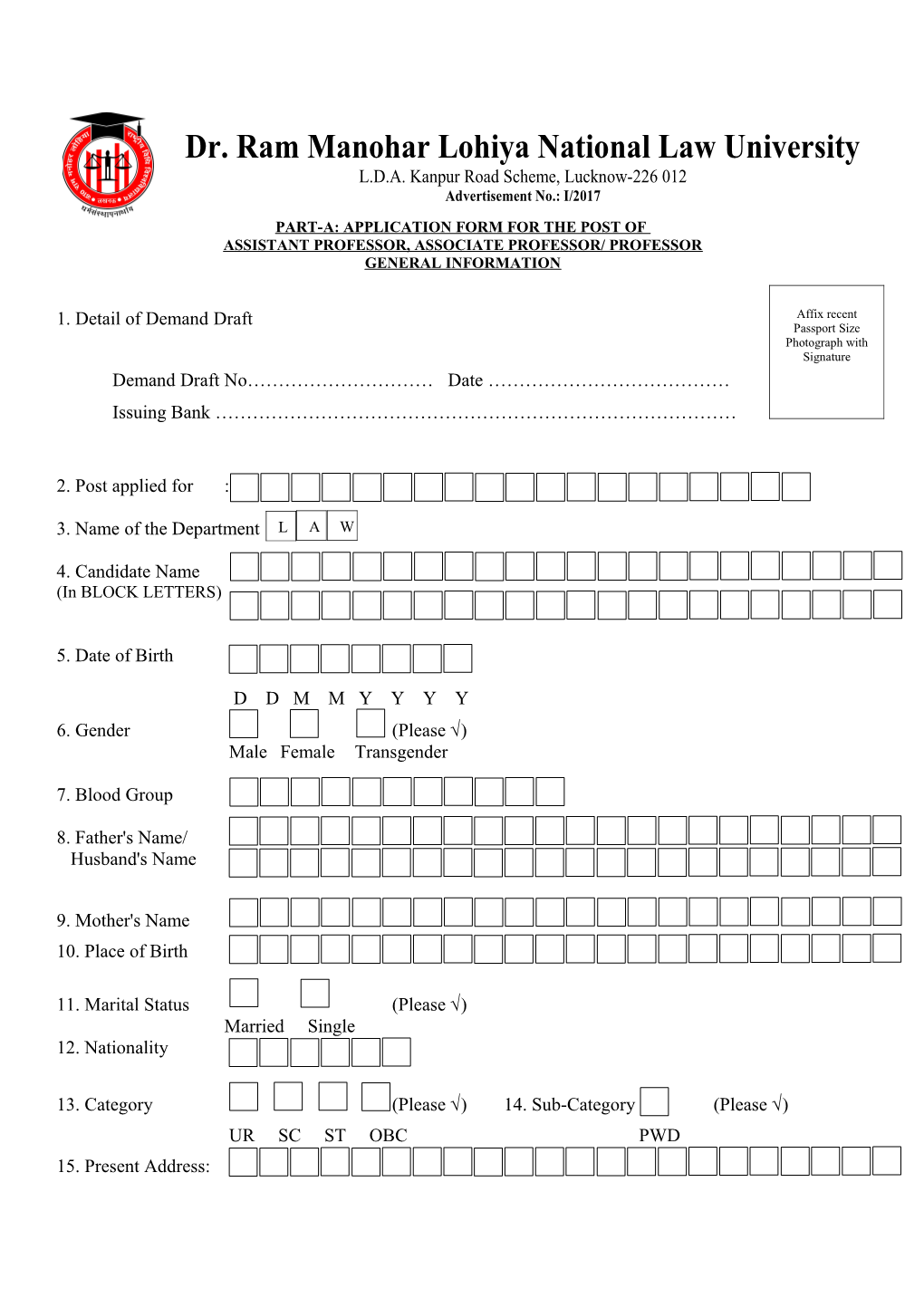 PART-A: Application Form for the Post Of