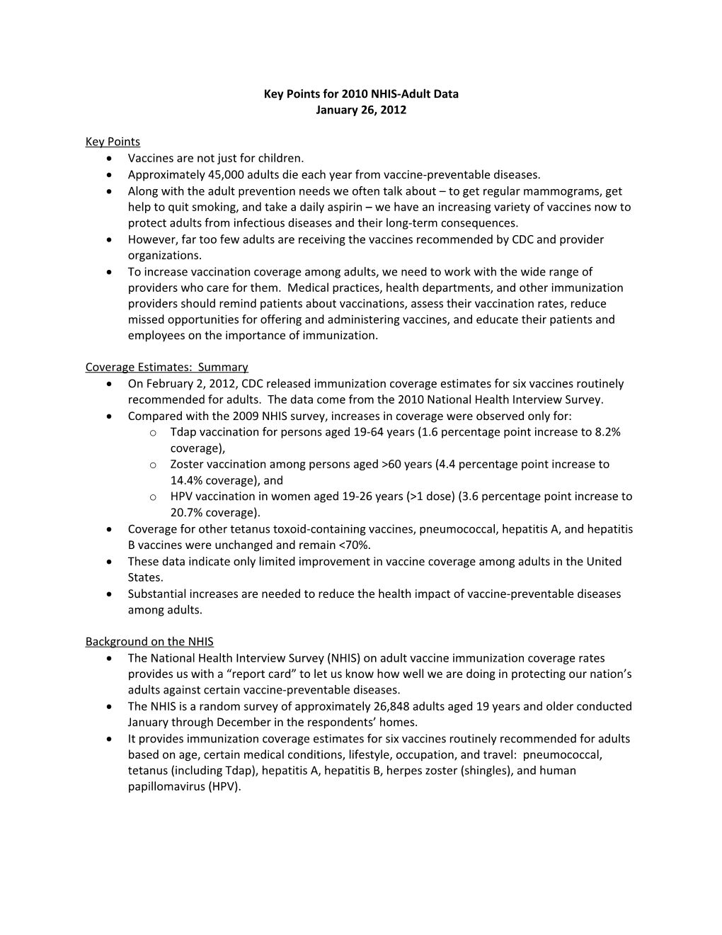 Key Points for 2010 NHIS-Adult Data