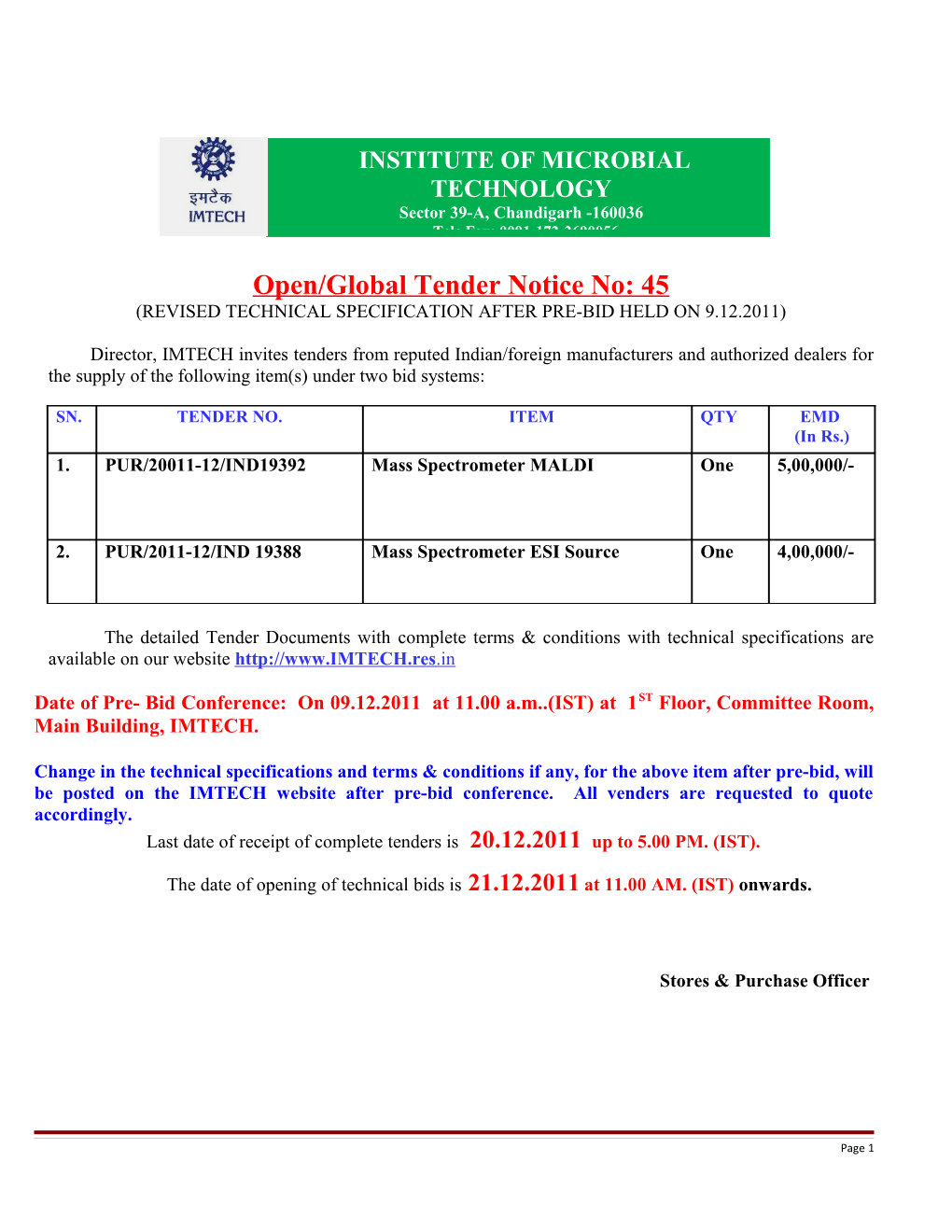 Open/Global Tender Notice No: 45