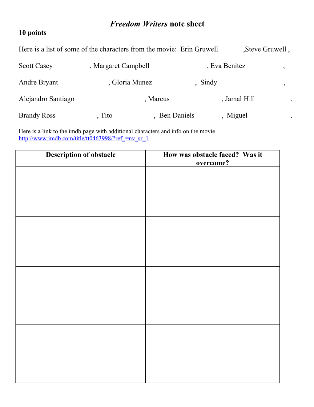 Freedom Writers Note Sheet