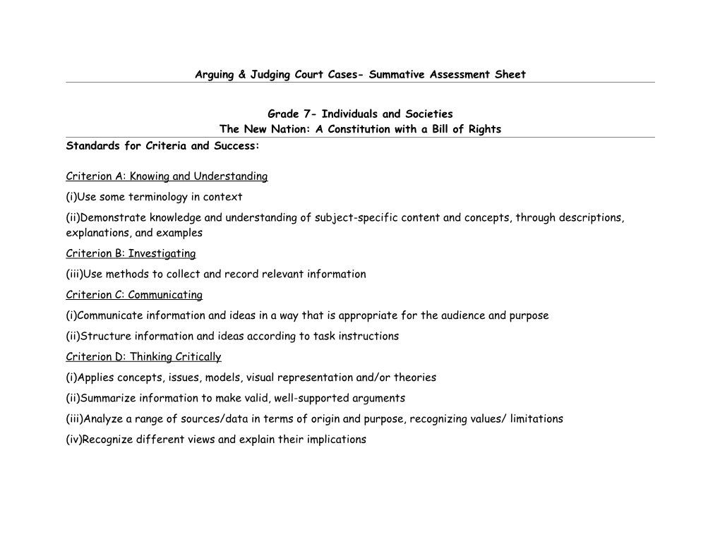 Arguing & Judging Court Cases-Summative Assessment Sheet