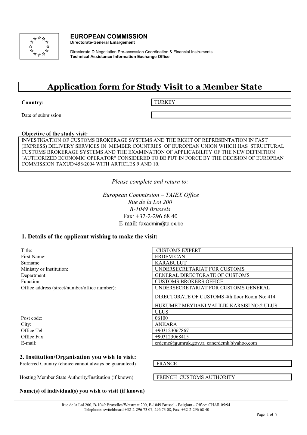 Application Form for Study Visit to a Member State