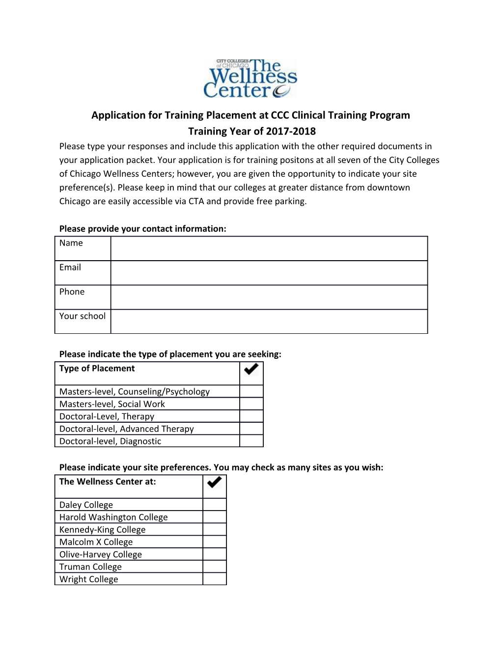 Application for Training Placement Atccc Clinical Training Program