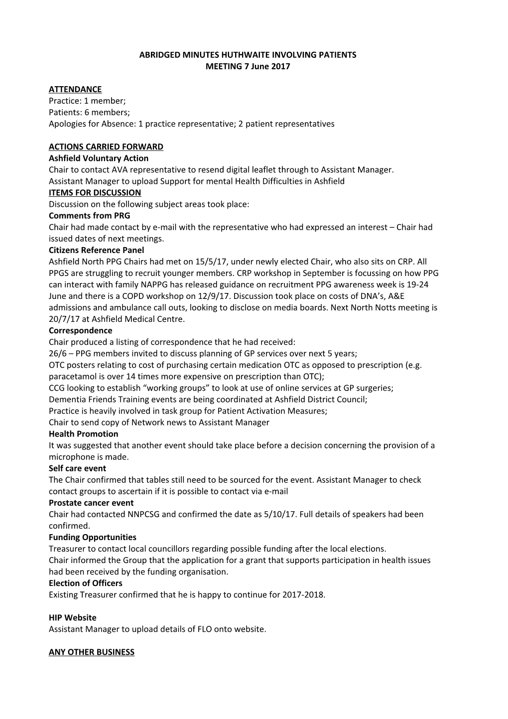 Abridged Minutes Huthwaite Involving Patients