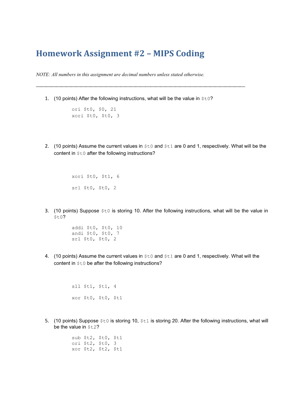 Homework Assignment #2 MIPS Coding