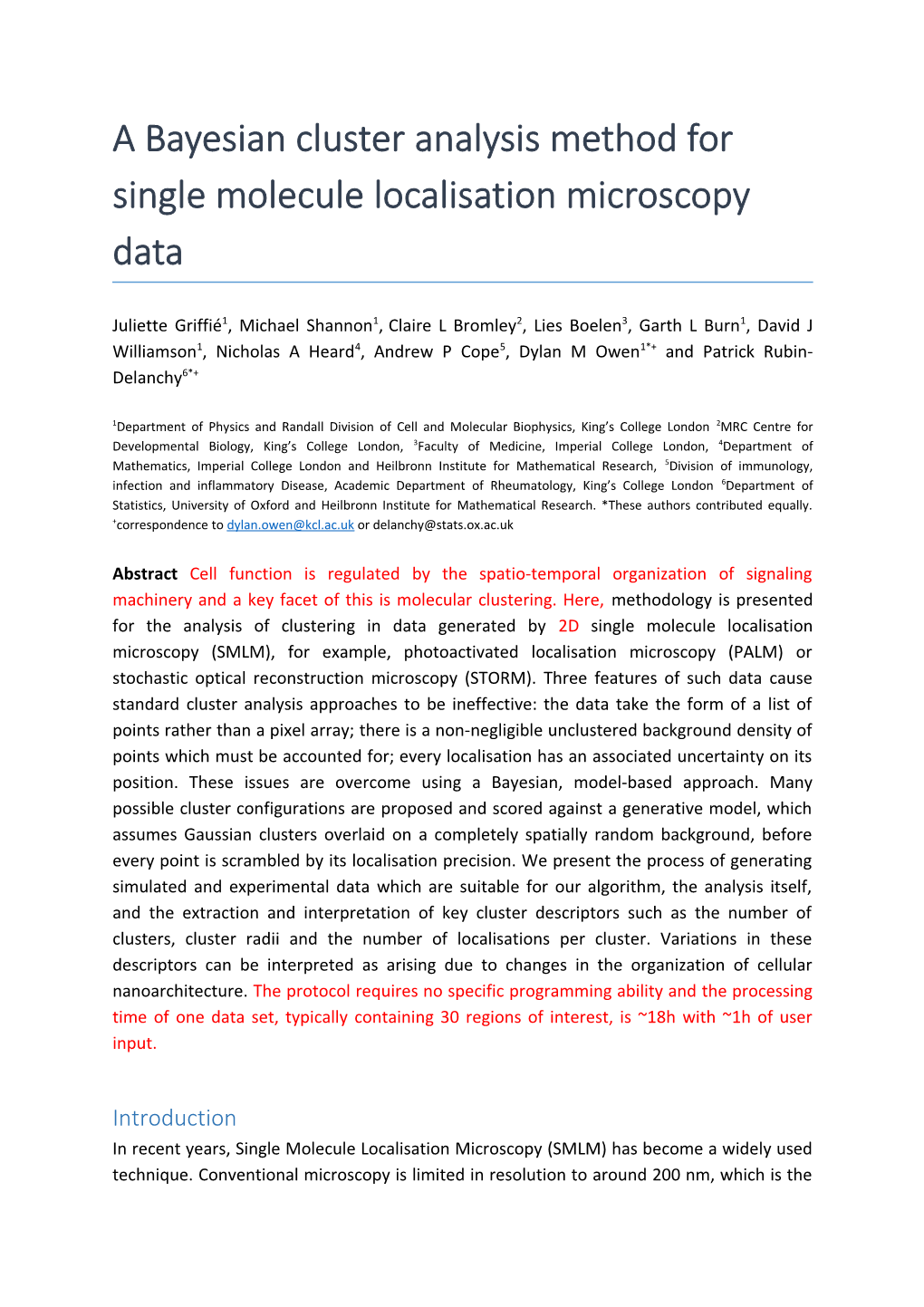 A Bayesian Cluster Analysis Method for Single Molecule Localisation Microscopy Data