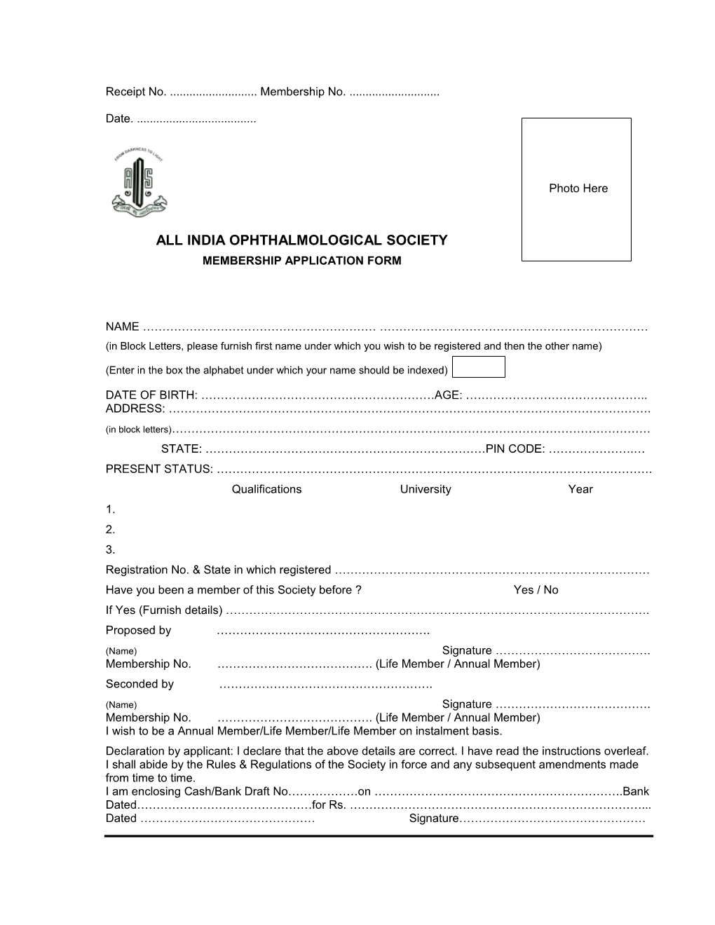 ALL INDIA Membership Application Form