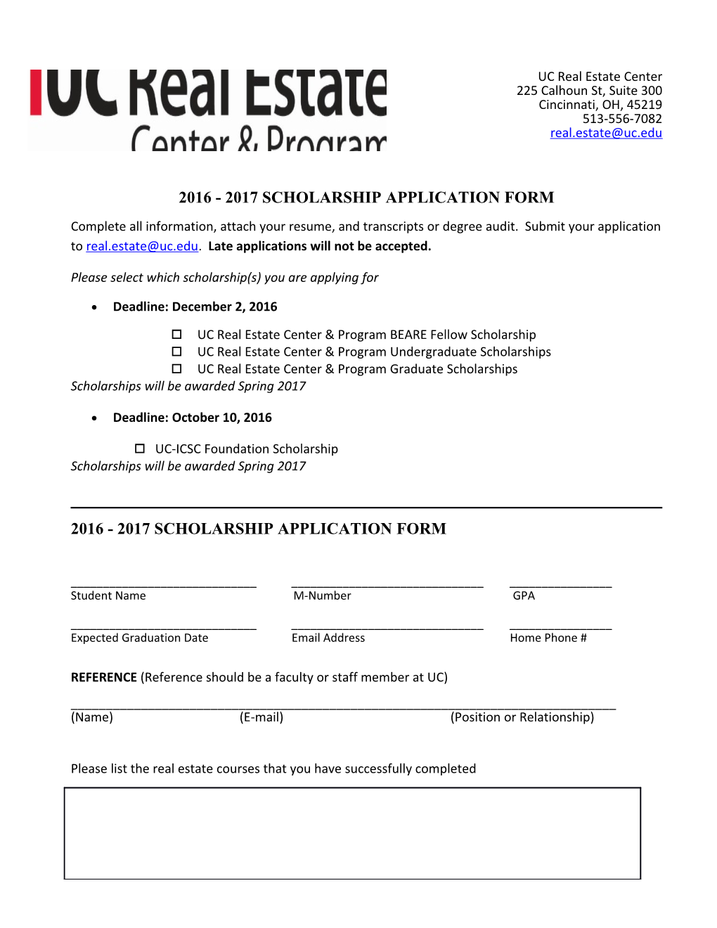 2016 - 2017 Scholarship Application Form