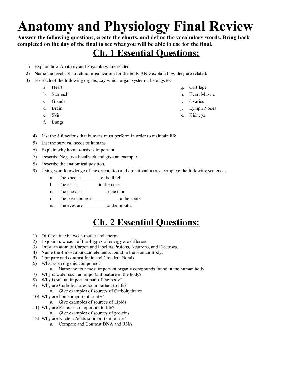 Anatomy and Physiology Final Review