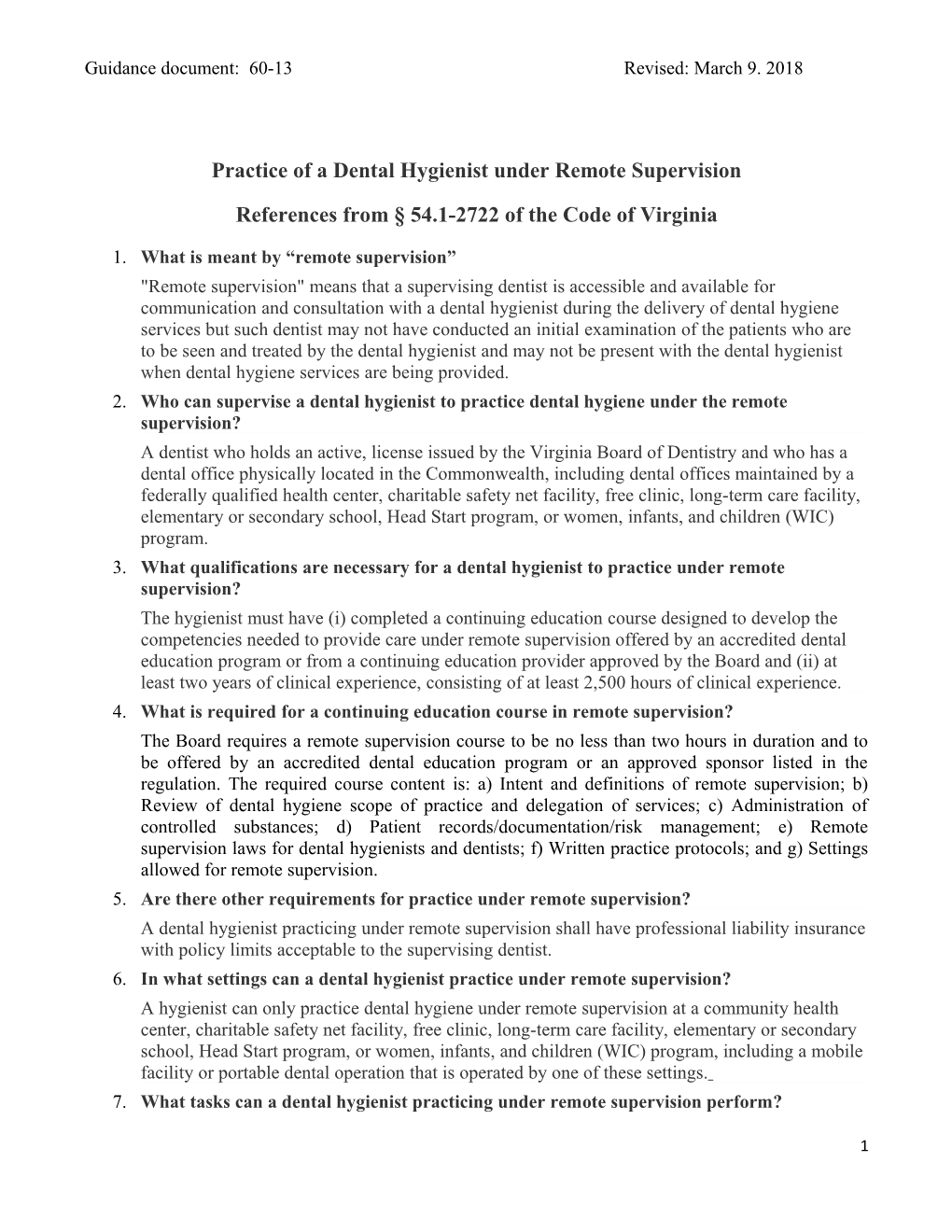 Guidance Document: 60-13: Practice of a Dental Hygienist Under Remote Supervision
