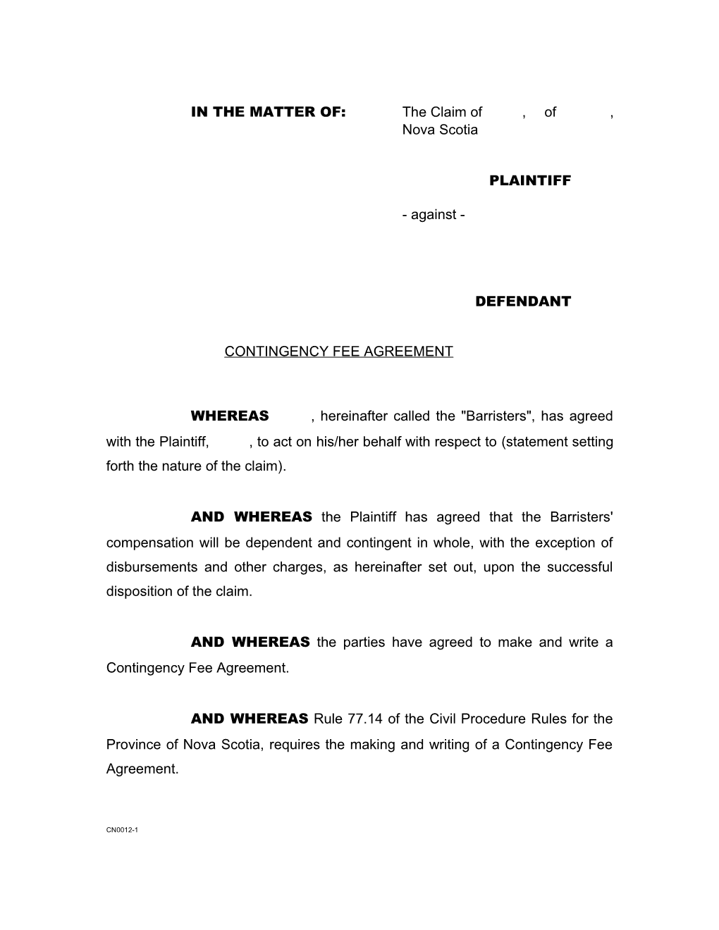 Model Contingency Fee Agreement - 2012 (CN0012)