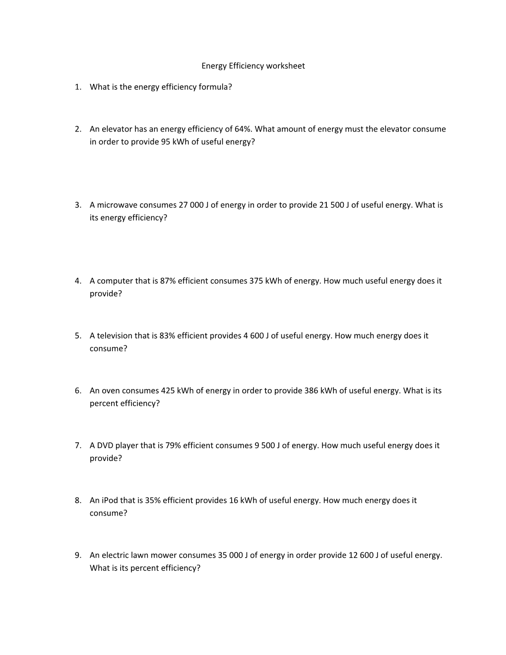 Energy Efficiency Worksheet