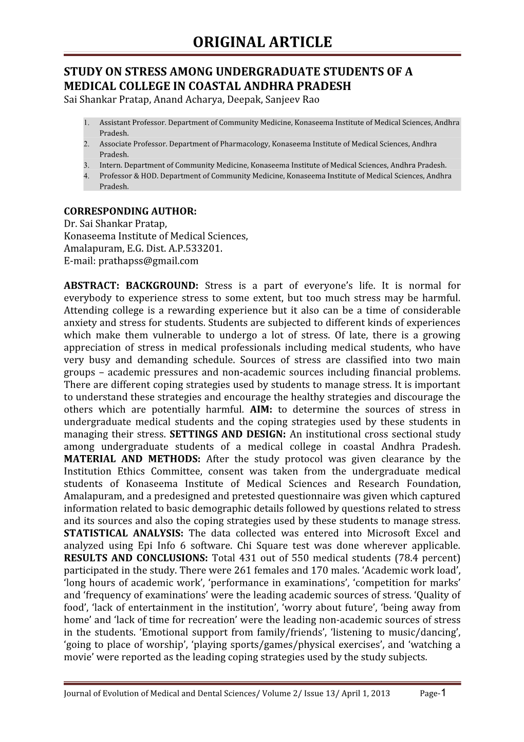 Study on Stress Among Undergraduate Students of a Medical College in Coastal Andhra Pradesh