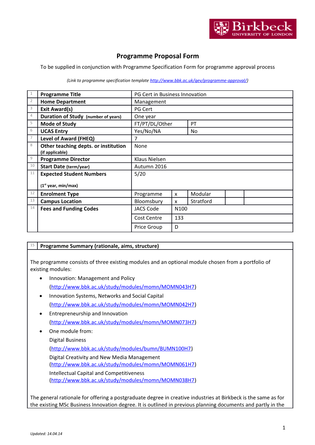 Programme Proposal Form