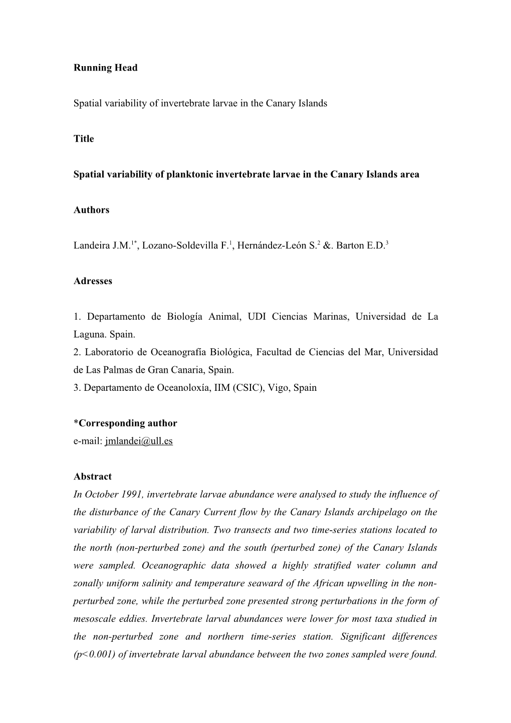 Spatial Variability of Planktonic Invertebrate Larvae in the Canary Islands Area