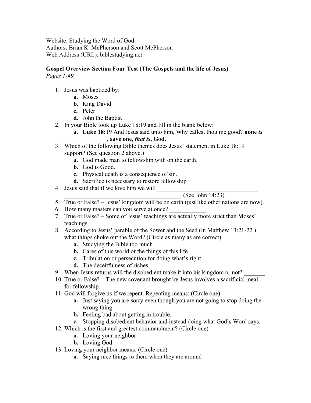 Gospel Overview Section Four Test (Jesus & the Apostles)