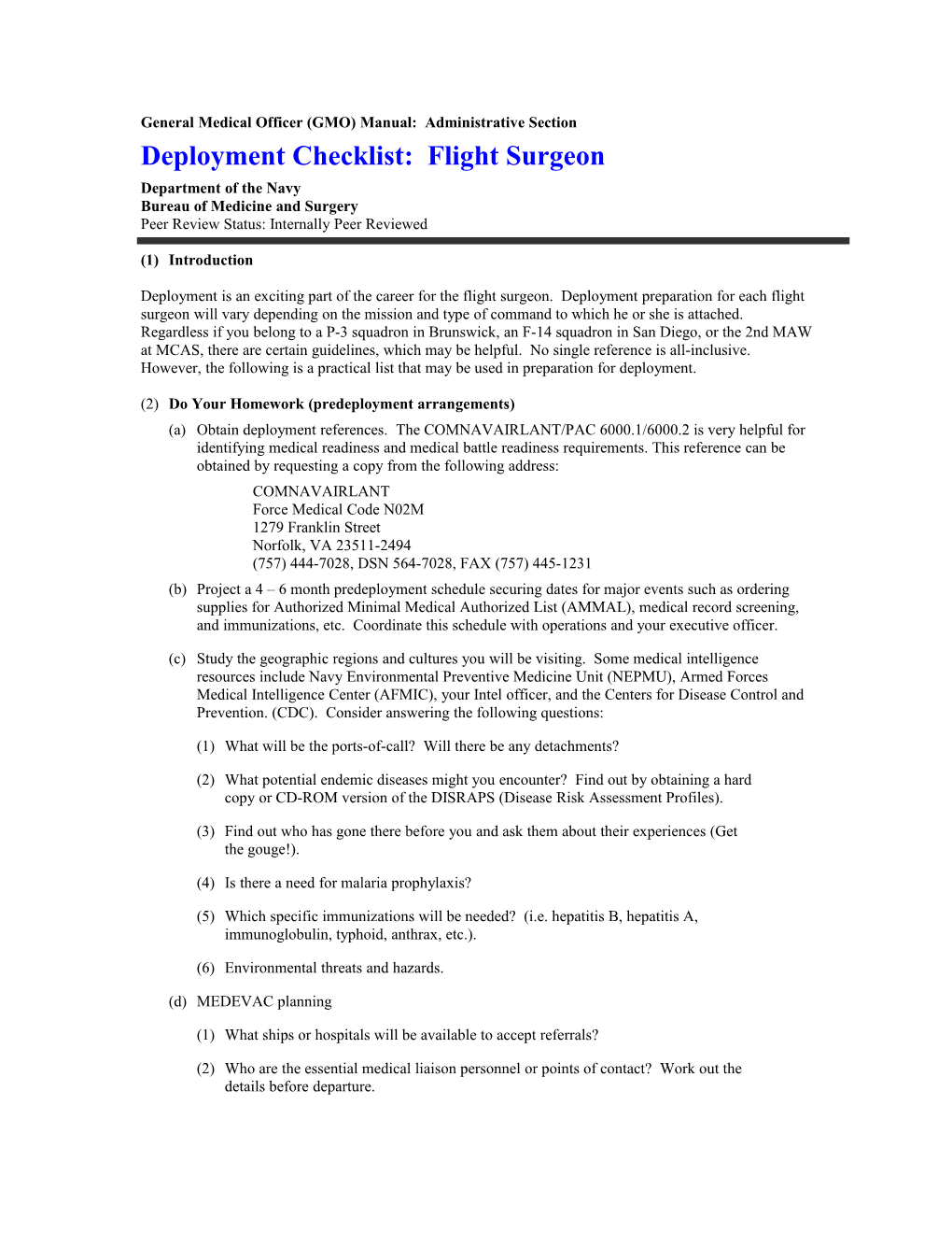 General Medical Officer (GMO) Manual: Deployment Checklist: Flight Surgeon