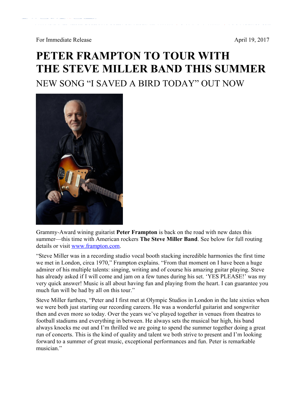 Peter Frampton to Tour With