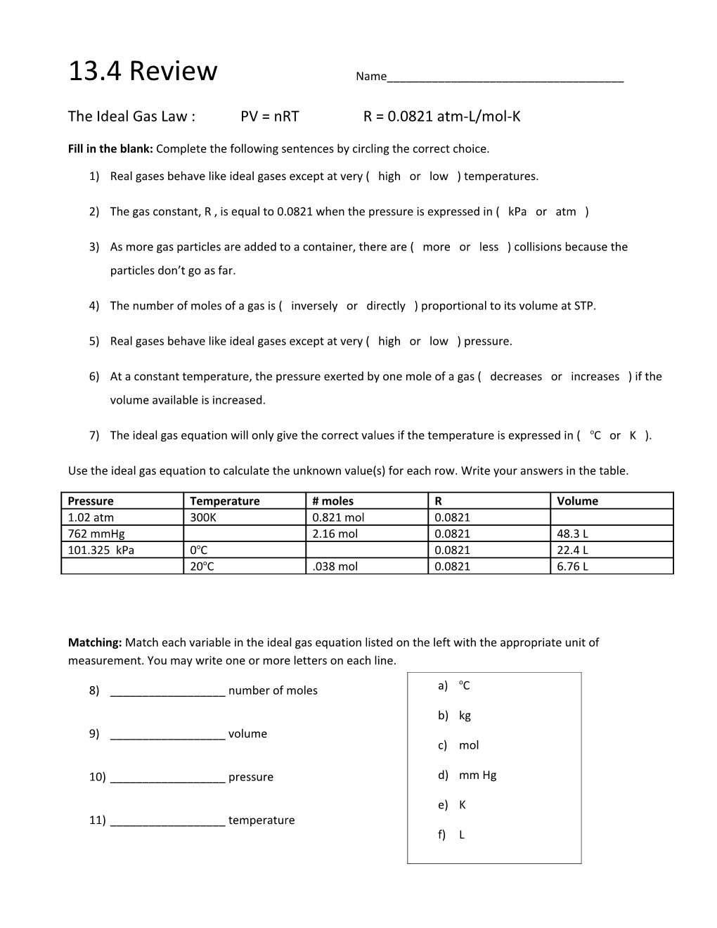 The Ideal Gas Law : PV = Nrtr = 0.0821 Atm-L/Mol-K