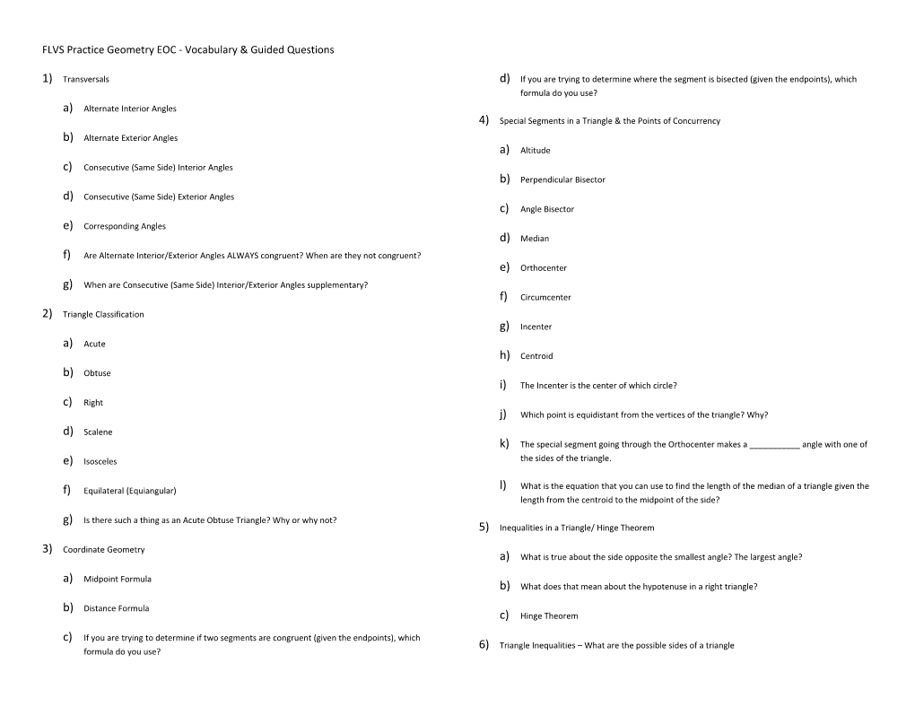 FLVS Practice Geometry EOC - Vocabulary & Guided Questions