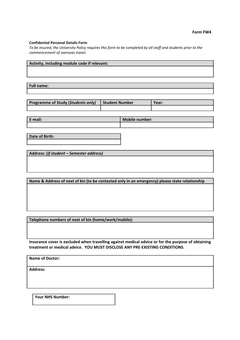 Confidential Personal Details Form
