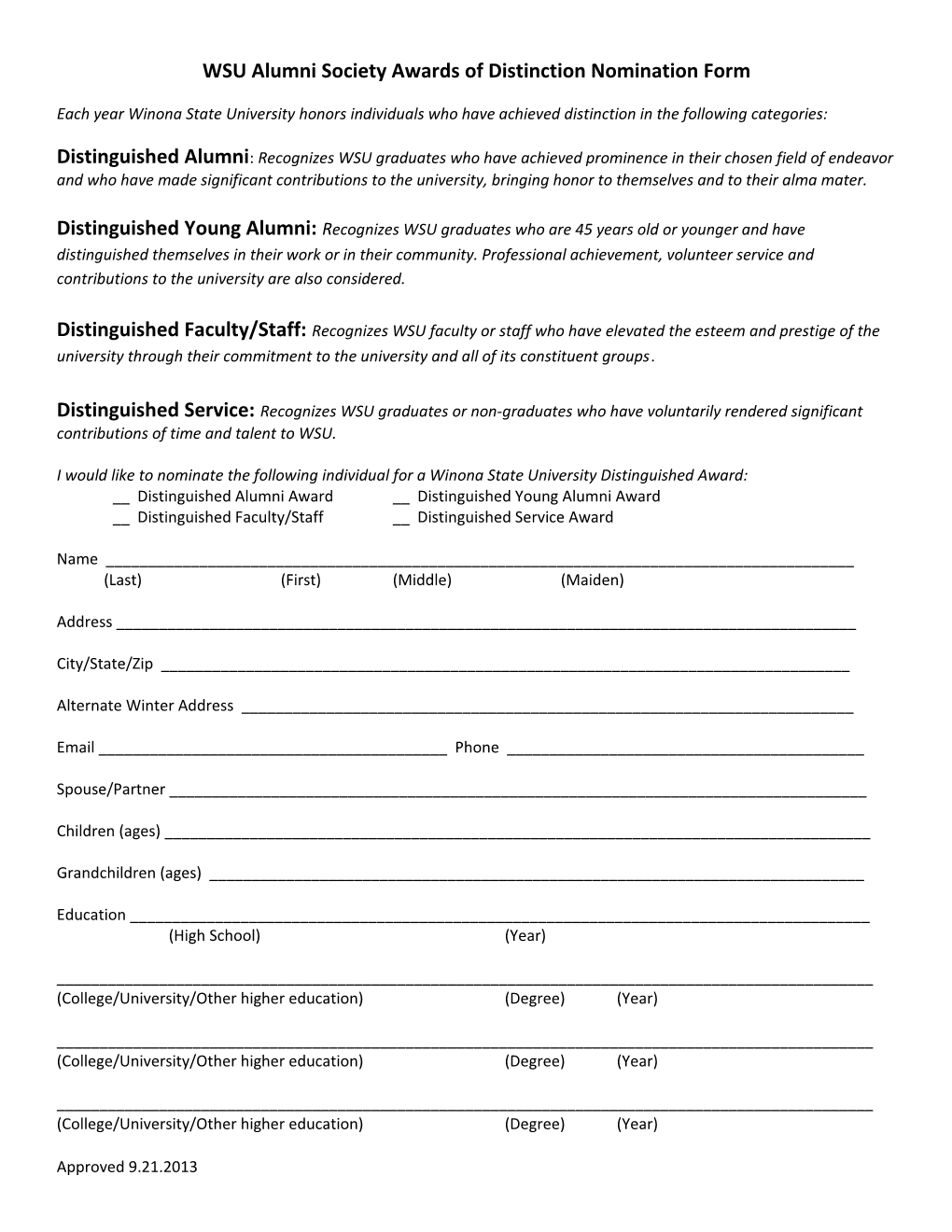 WSU Alumni Society Awards of Distinction Nomination Form